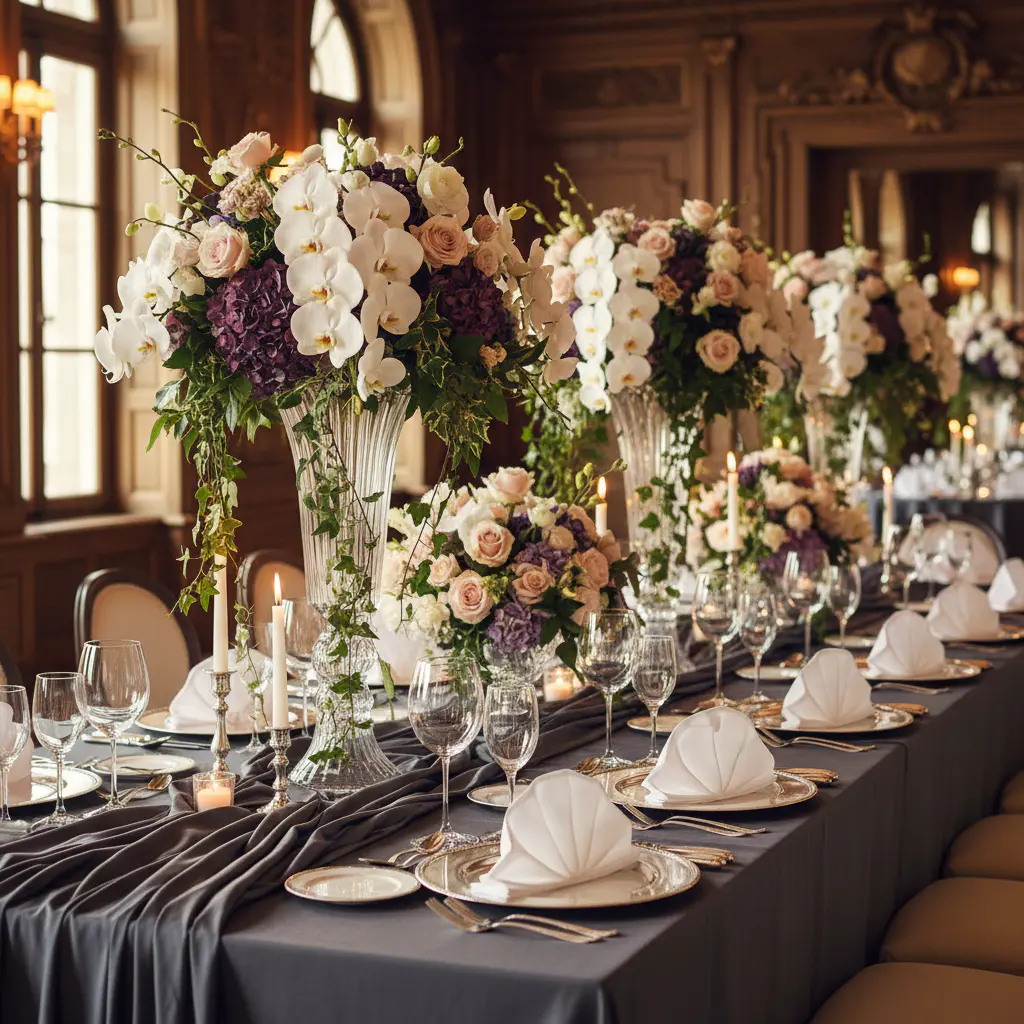 Elegant floral centerpieces and crystal glassware